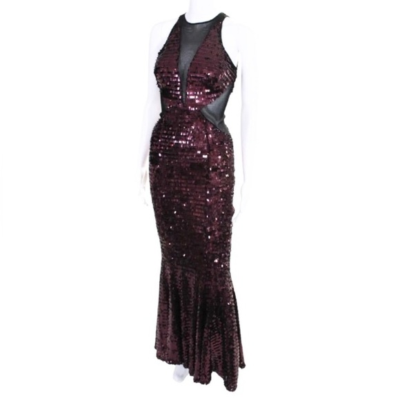 Jay Godfrey Red Eye Gown Maxi Dress Burgundy Sequin Black Mesh Cutout Size 0 - Picture 1 of 8